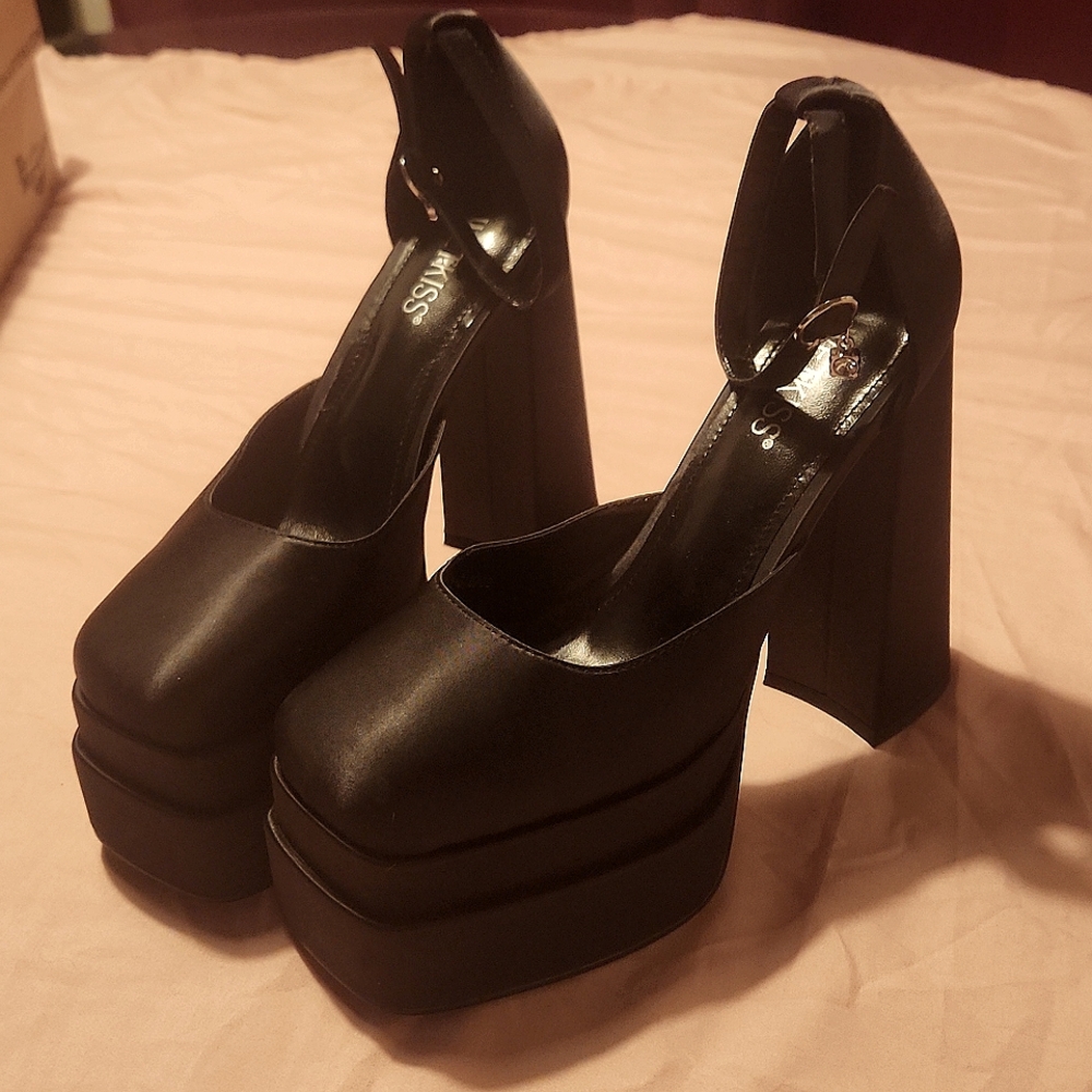 Wet Kiss black chunky platform heels